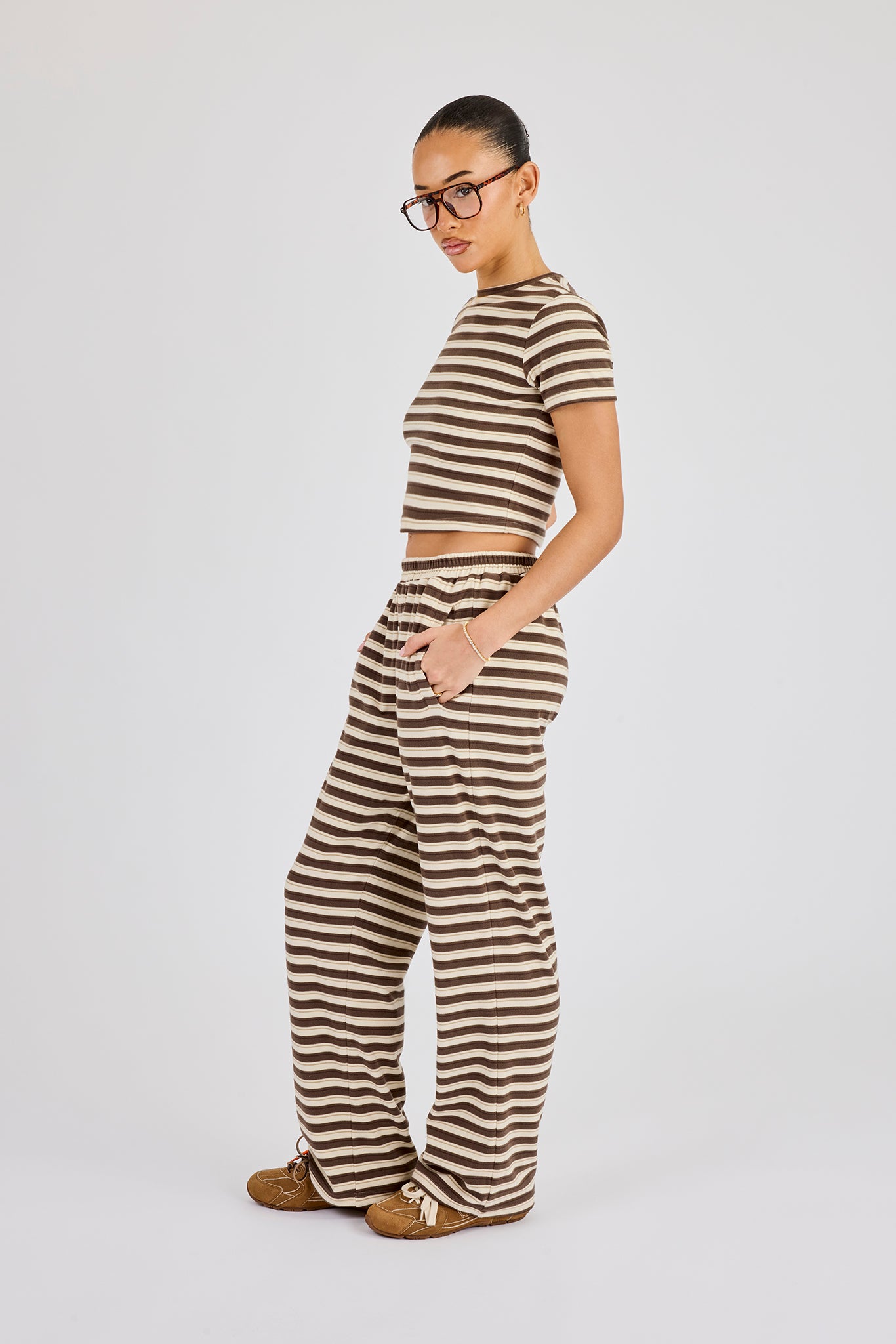 Soft Touch Double Stripe Short Sleeve Top & Trouser - Beige